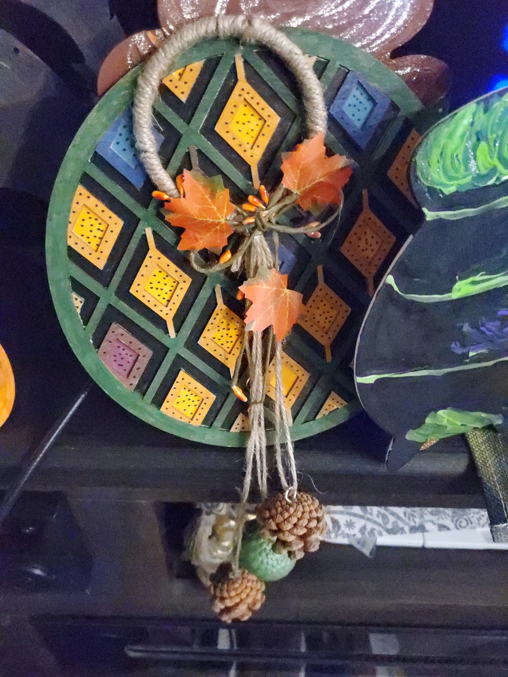 Autumn Leaf and Pinecone Hanging Wreath - Orange Green